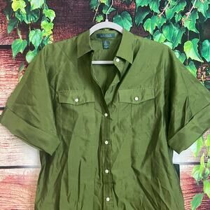 NWT $249 Lauren Ralph Lauren 100% Silk Button Front Midi Dress Size 8 Green